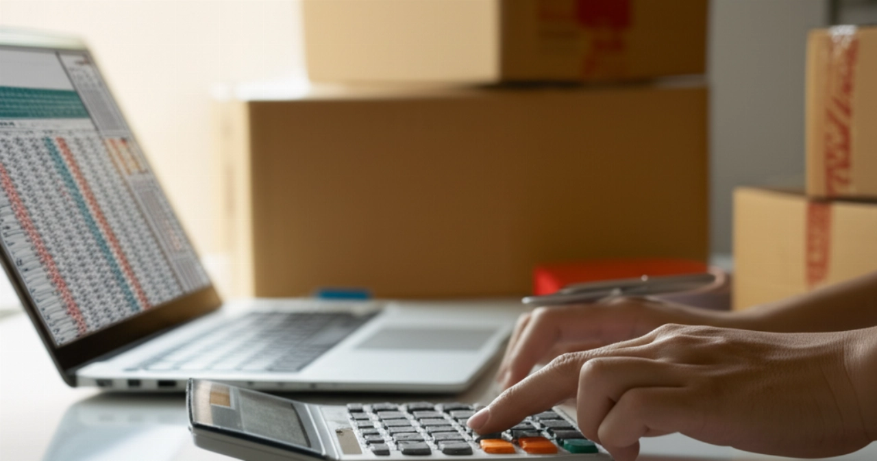 Caucasian hands use a calculator and a laptop to plan moving costs.