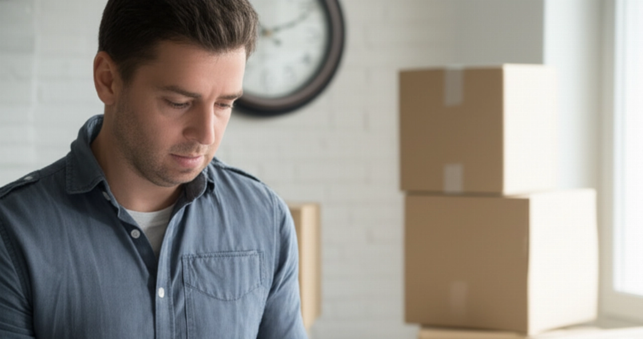 A Caucasian man carefully examines a moving quote on a tablet, with boxes and a clock in the background, representing hourly cost planning.