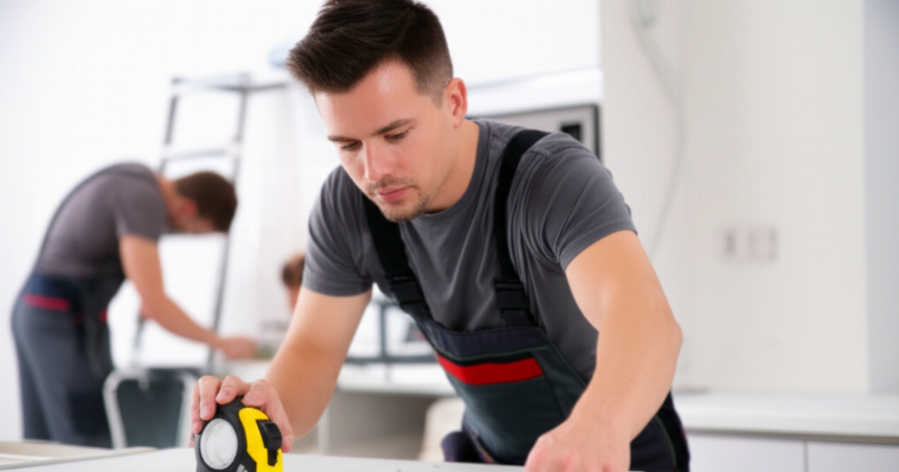 Caucasian technicians precisely assemble a kitchen, with one worker measuring a countertop and another connecting an appliance.