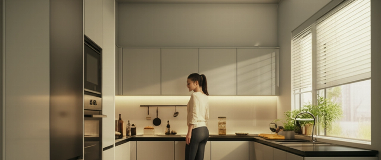 A smiling Caucasian woman admires her newly reassembled modern kitchen, which appears clean, functional, and inviting.