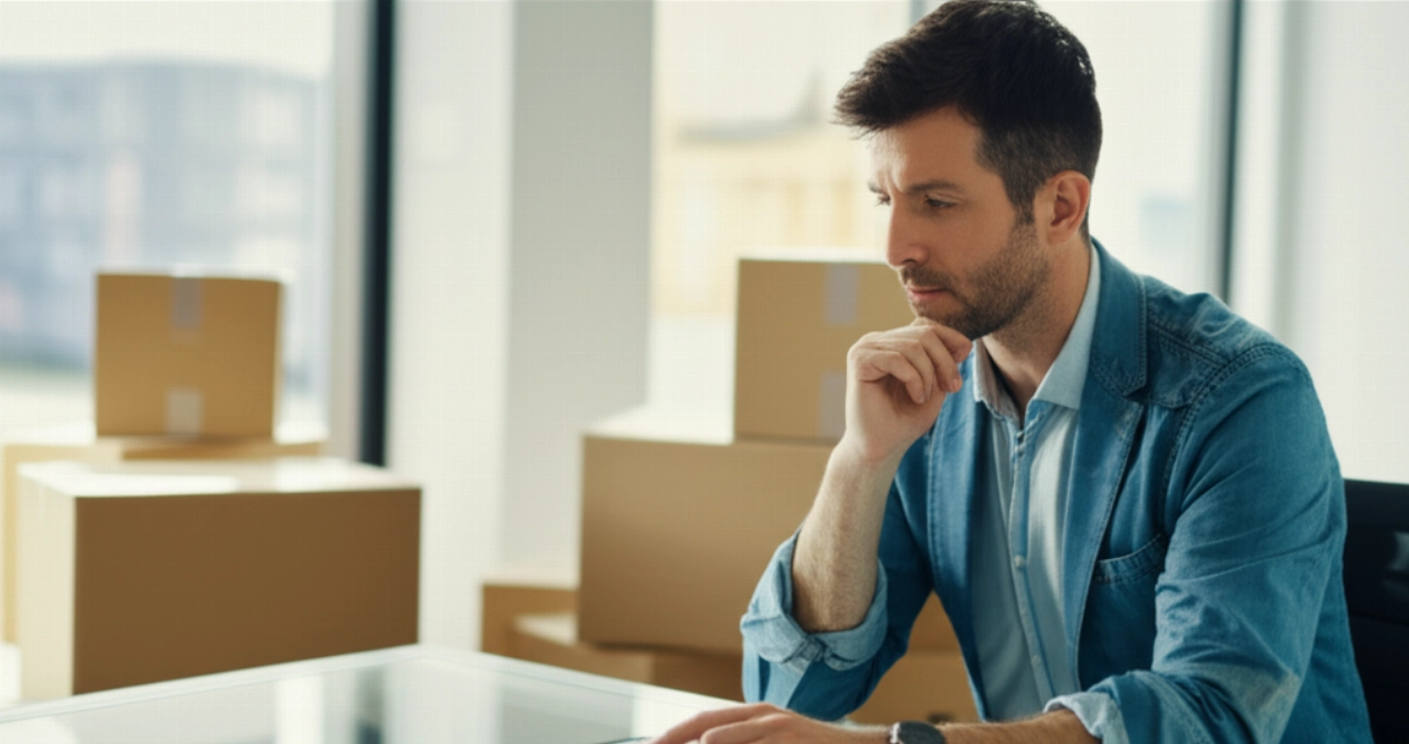 A Caucasian man plans a move on a tablet, calculating distance and expenses.