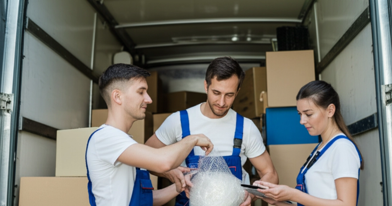 Professional Caucasian movers load a truck, highlighting efficiency and care in long-distance transport.