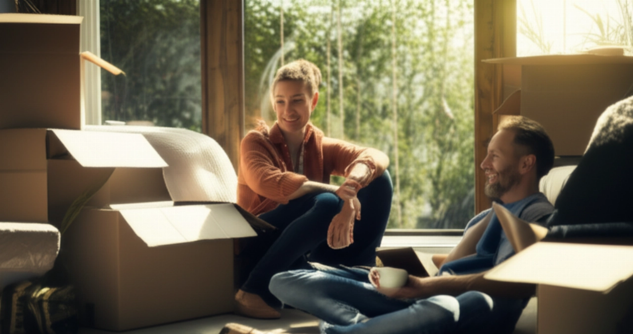 Relaxed and happy Caucasian couple in their new, partially unpacked living room, after a successful move.