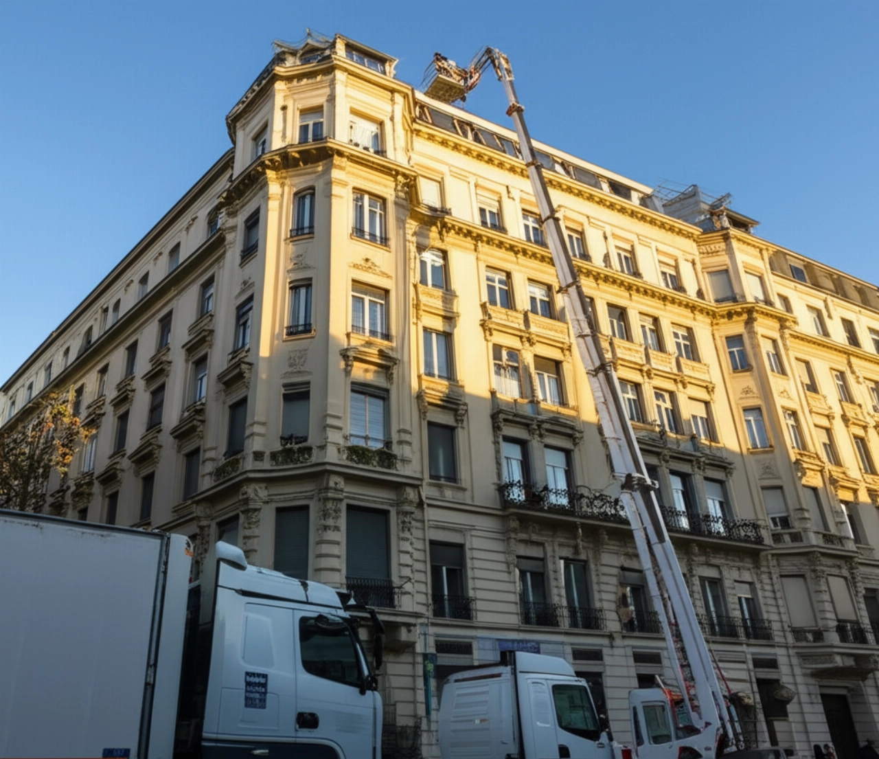 Wide view of a residential move with an external platform reaching an upper-floor apartment in a classic European building.