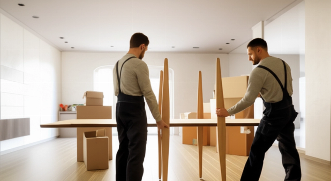 Two professional Caucasian movers assemble a large dining table in a bright, empty room.
