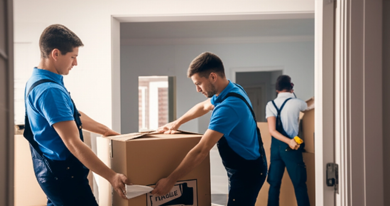 A team of three professional Caucasian movers handles various stages of a complete relocation, including packing, transport, and assembly.