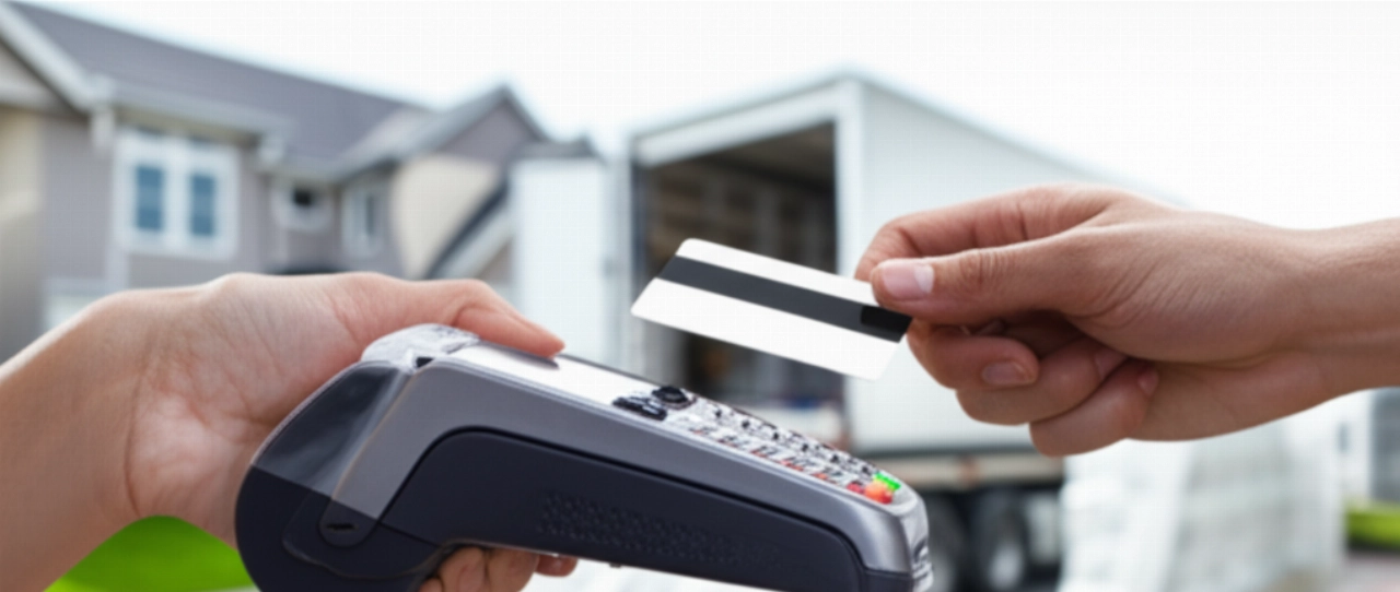 Caucasian hands making a credit card payment on a portable terminal, with a moving truck in the background, symbolizing moving costs.