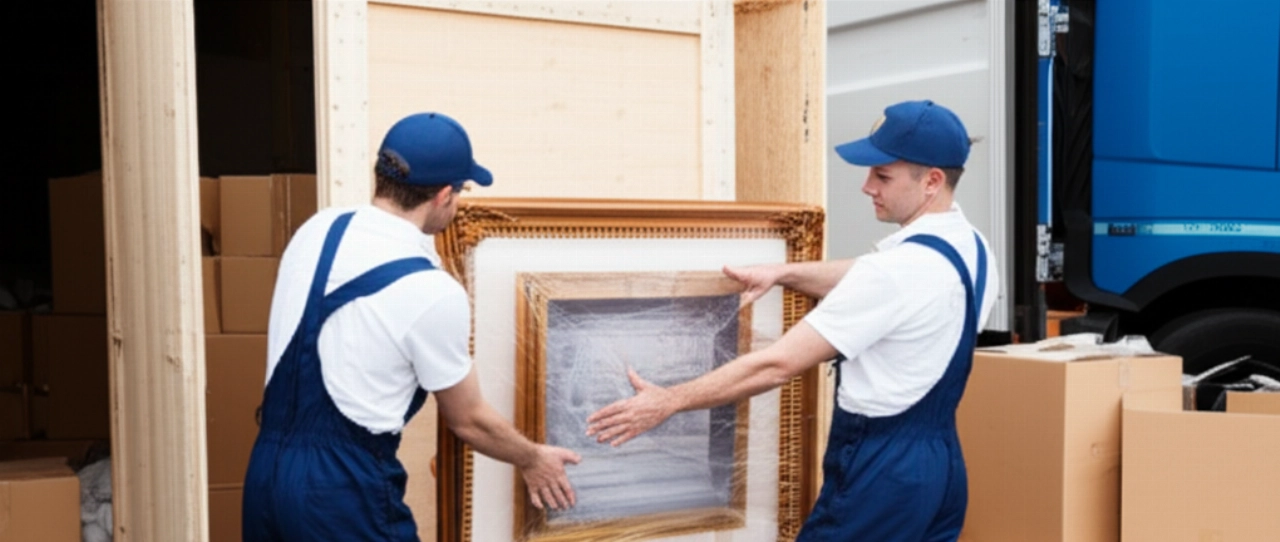 Professional Caucasian movers carefully packing items for an international shipment, with boxes and a container in the background.