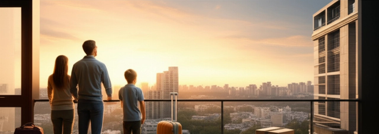 Caucasian family on a balcony, looking at the skyline of a new foreign city at sunset, after an international move.