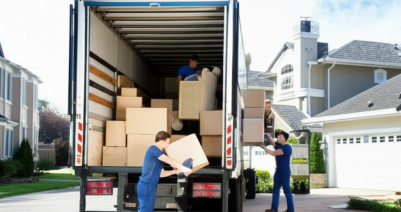 Professional movers efficiently loading furniture and boxes onto a large moving truck, showcasing a comprehensive moving service.