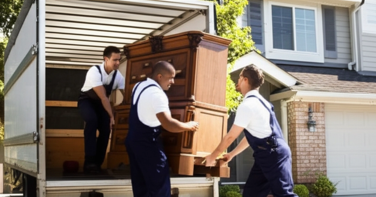 A team of professional Caucasian movers loads a large piece of furniture into a truck, symbolizing the efficiency and cost of the national moving service.