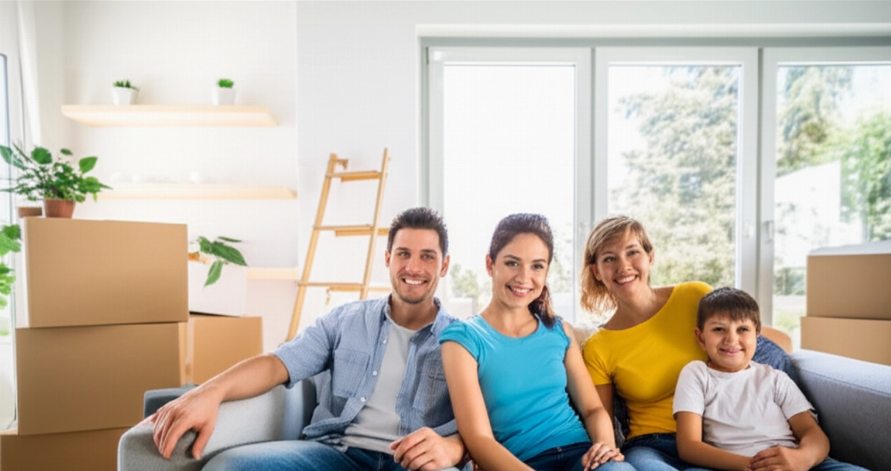 A happy and relaxed Caucasian family in a new living room, with partially unpacked boxes, symbolizing the success of a national move.