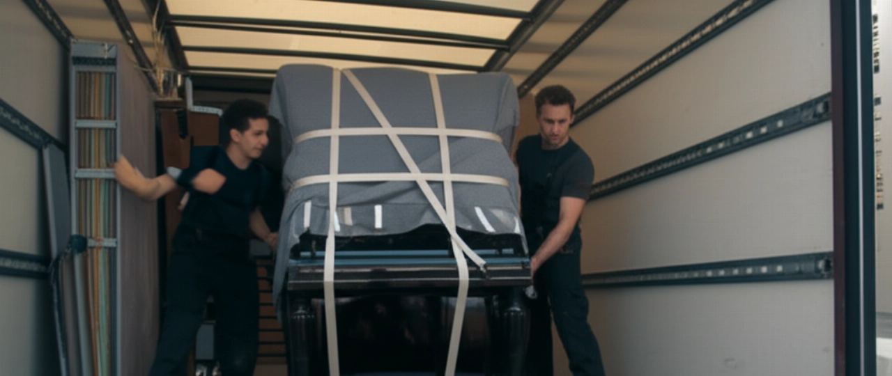 Upright piano wrapped in protective blankets being loaded onto a professional moving truck, showing preparation for safe transport.