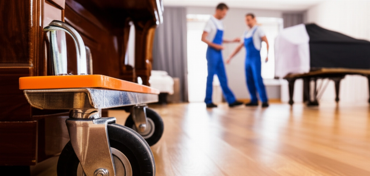 Specialized piano moving equipment, including a sturdy wheeled dolly, with Caucasian movers planning the move in the background.