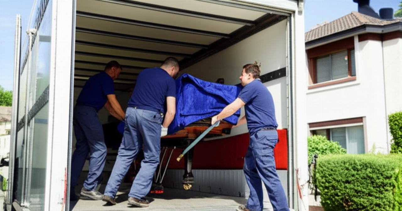 Two professional Caucasian movers carefully load a grand piano onto a specialized truck via a ramp.