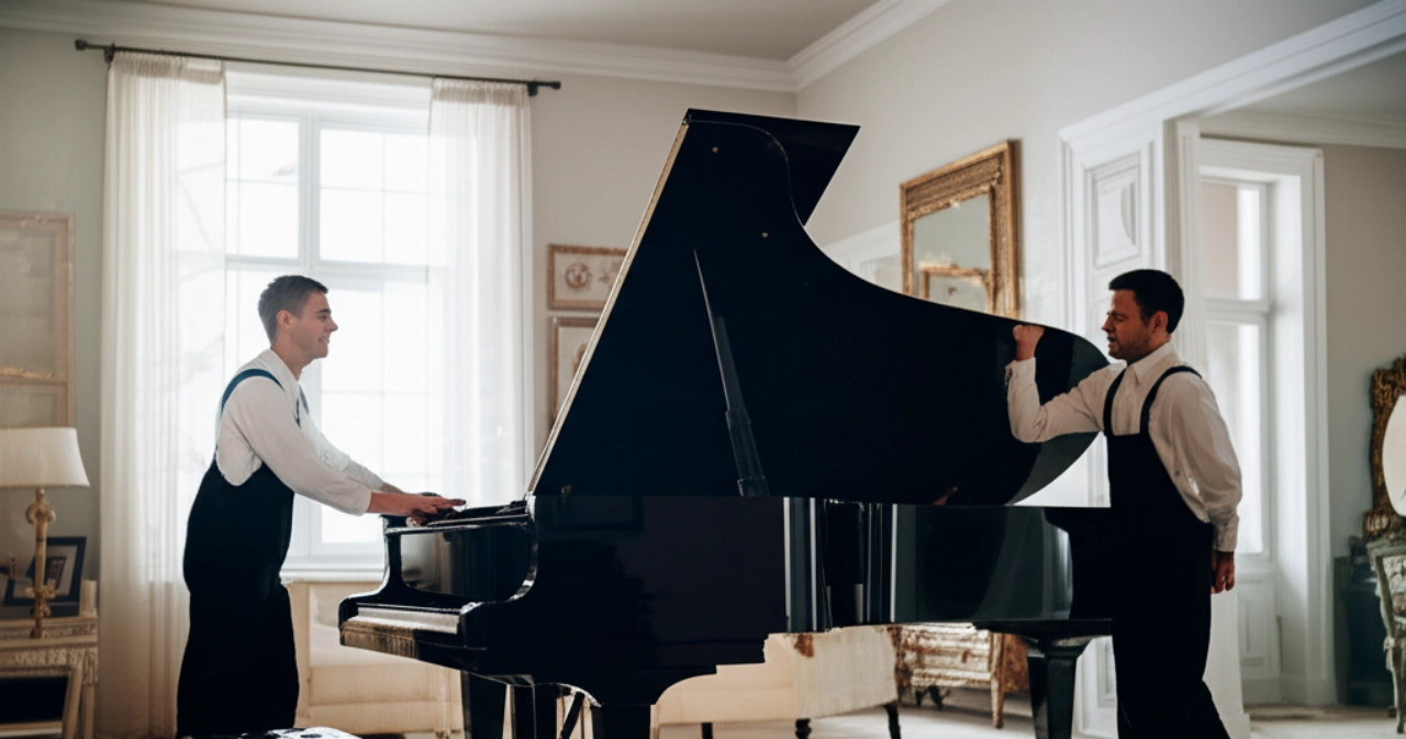 A glossy black grand piano perfectly positioned in an elegant living room, with a professional Caucasian mover admiring its placement.