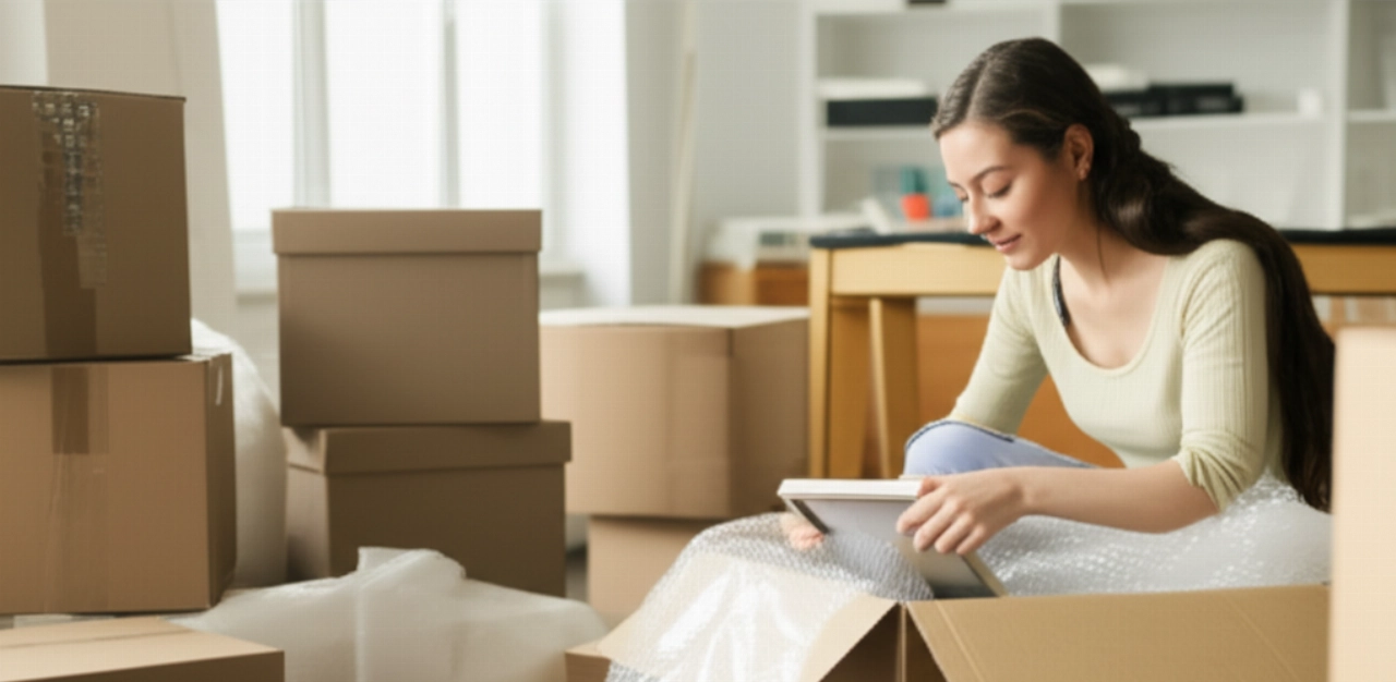 A Caucasian woman carefully unpacking a box in a modern living room full of neatly arranged boxes, with soft natural light.