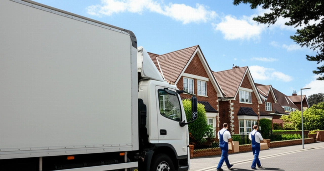 A large, modern, and clean moving truck parked in front of a house, with two Caucasian movers approaching, under the sunlight.