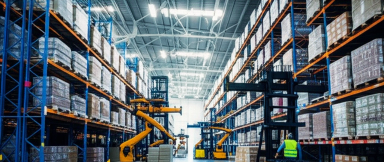 Hyperrealistic image of a futuristic and automated international shipping warehouse, with robots and Caucasian staff managing loads.