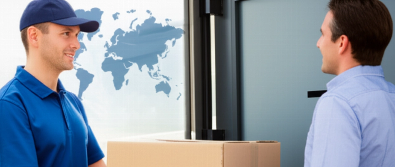 Hyperrealistic image of a Caucasian courier delivering a package to a smiling Caucasian customer at a modern residence.