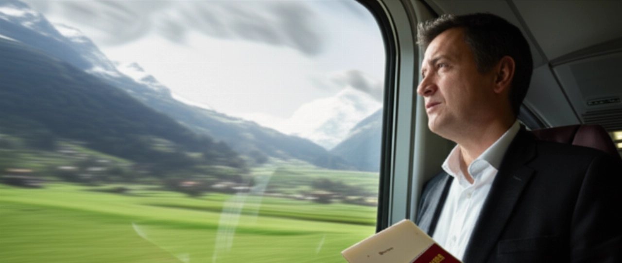 Caucasian man on a train with travel documents, observing the landscape change from the Swiss Alps to the Italian countryside.