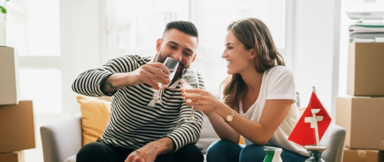 Caucasian couple celebrates the completion of their Switzerland-Italy relocation in a new home, with organized documents on the table.