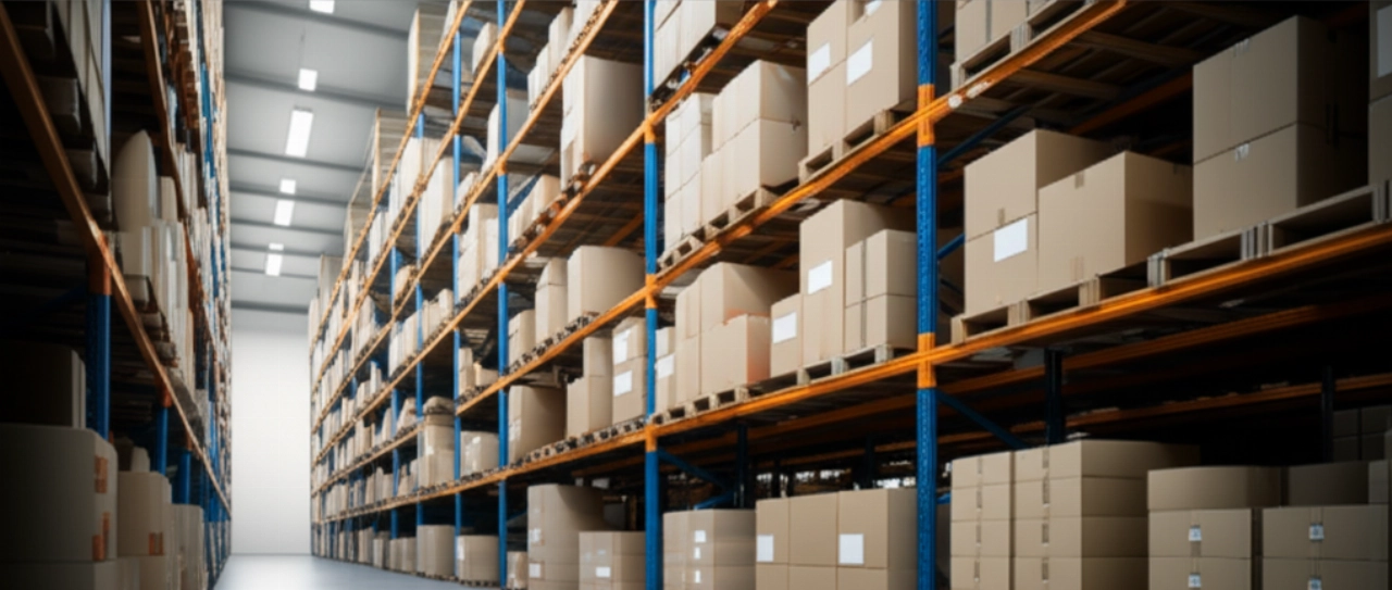 A wide warehouse aisle with neat stacks of cardboard boxes of various sizes on industrial shelving.