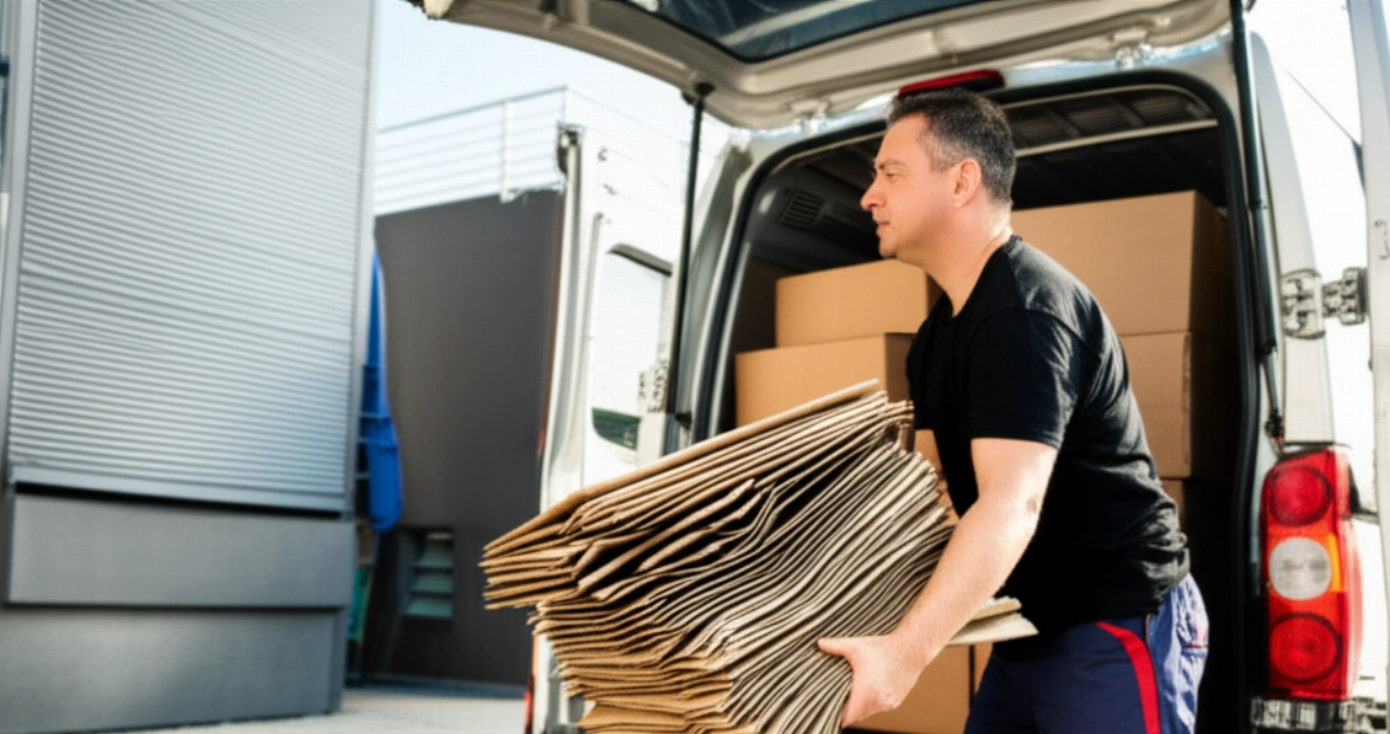 A Caucasian man is loading stacks of clean, flattened cardboard boxes into the back of a van, near a recycling center or supermarket.