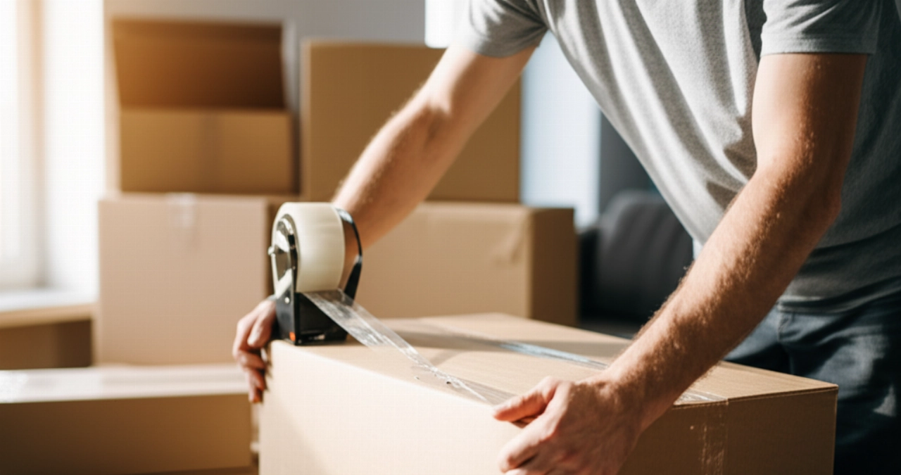 Hands of a Caucasian man folding and sealing a moving box in a well-lit living room.