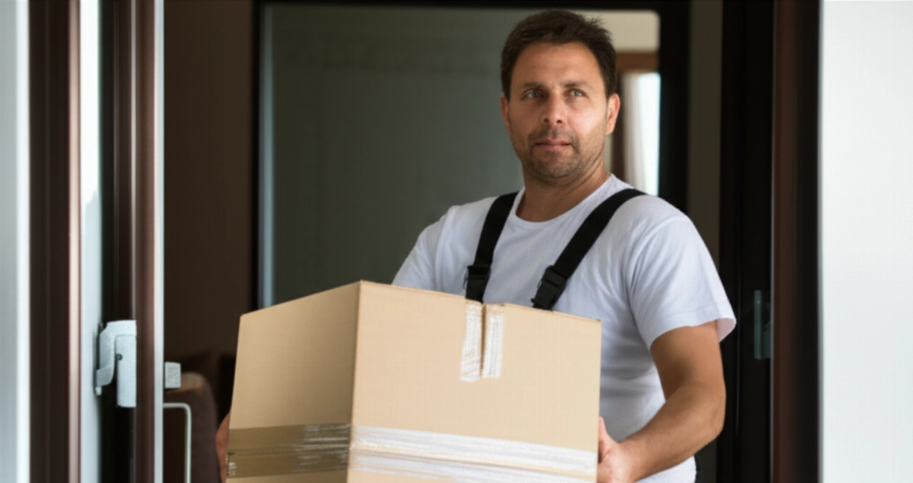 Caucasian professional mover carefully carrying a box into a house.