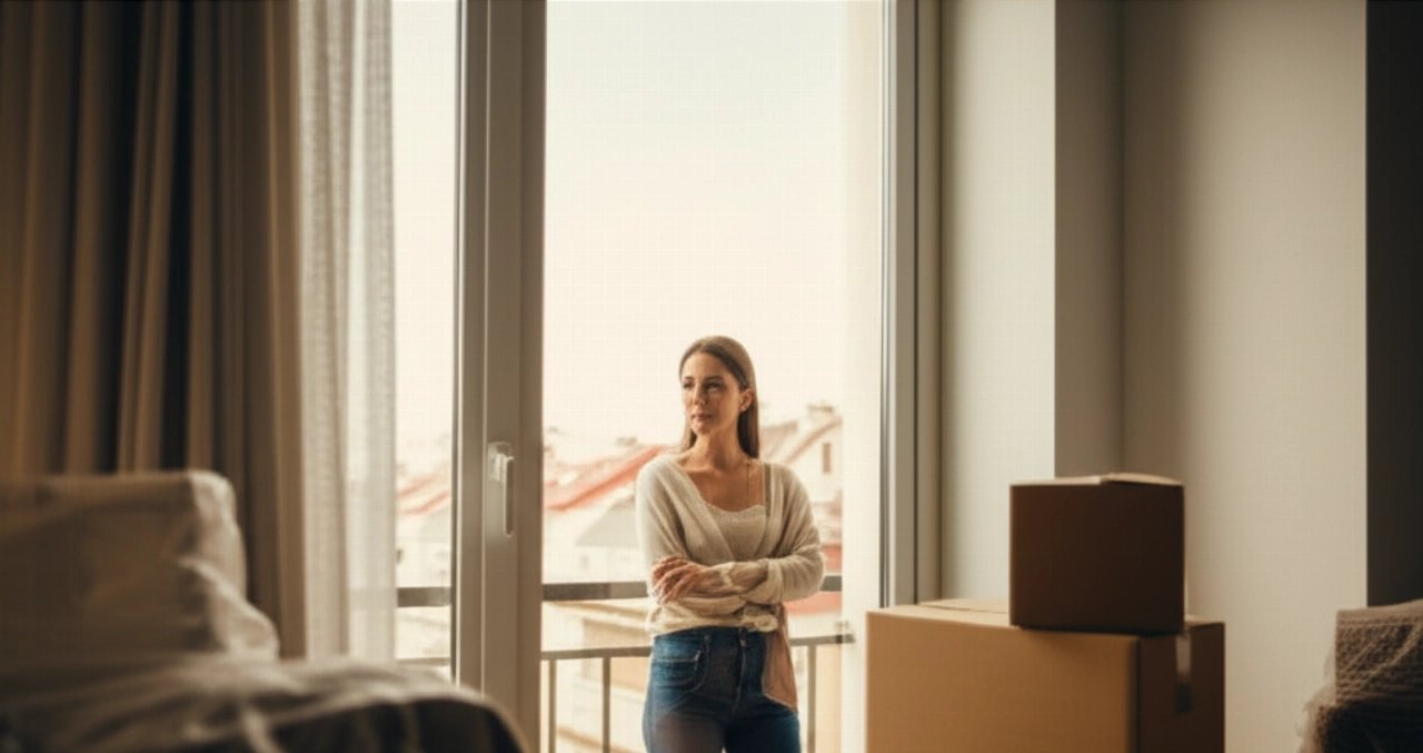 Serene Caucasian woman looking out the window in her new home after a move.