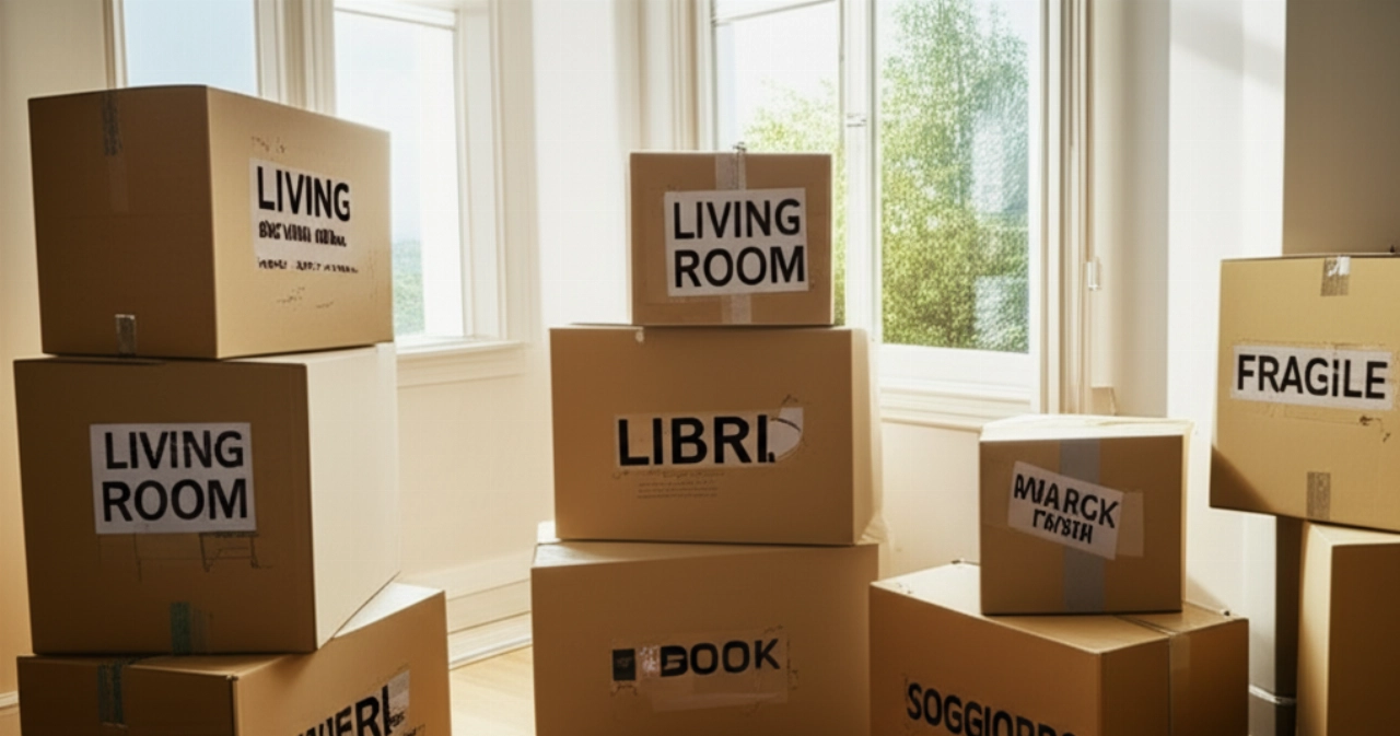 Neat stacks of labeled moving boxes in a bright modern living room, illuminated by natural light.