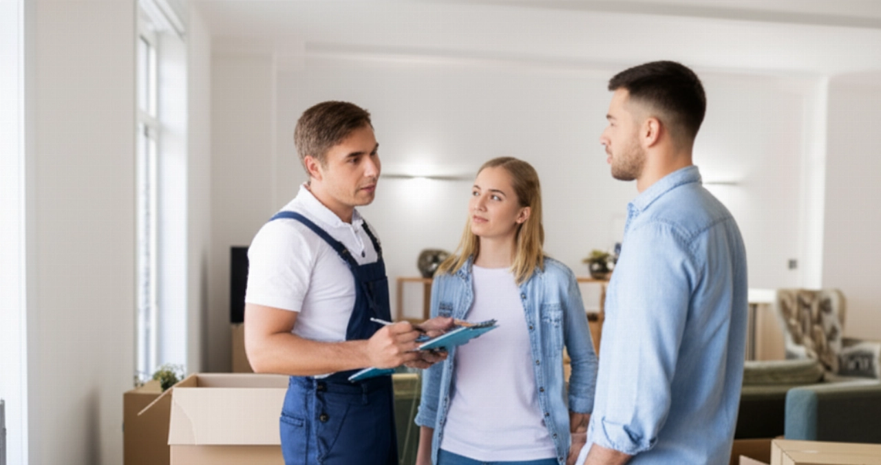 A Caucasian moving company representative discusses details with a Caucasian homeowner in a tidy living room.