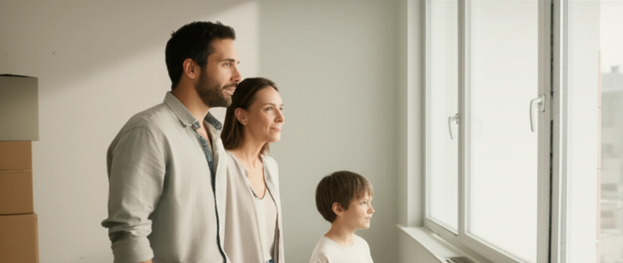 A happy and optimistic Caucasian family in a bright new living room, with few moving boxes, symbolizing a new beginning.
