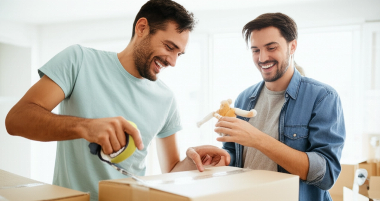 Caucasian couple laughing and collaborating while packing boxes, transforming moving stress into a joyful activity.