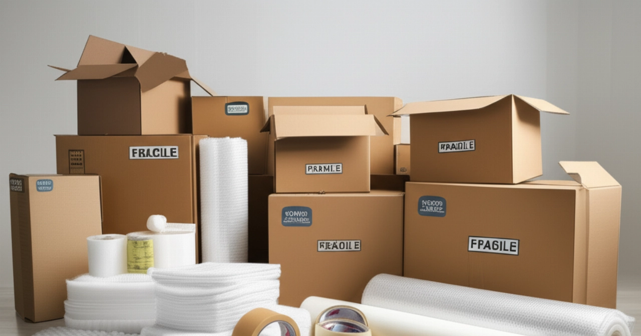 A well-organized assortment of cardboard boxes, bubble wrap, tape, and other moving packing materials.