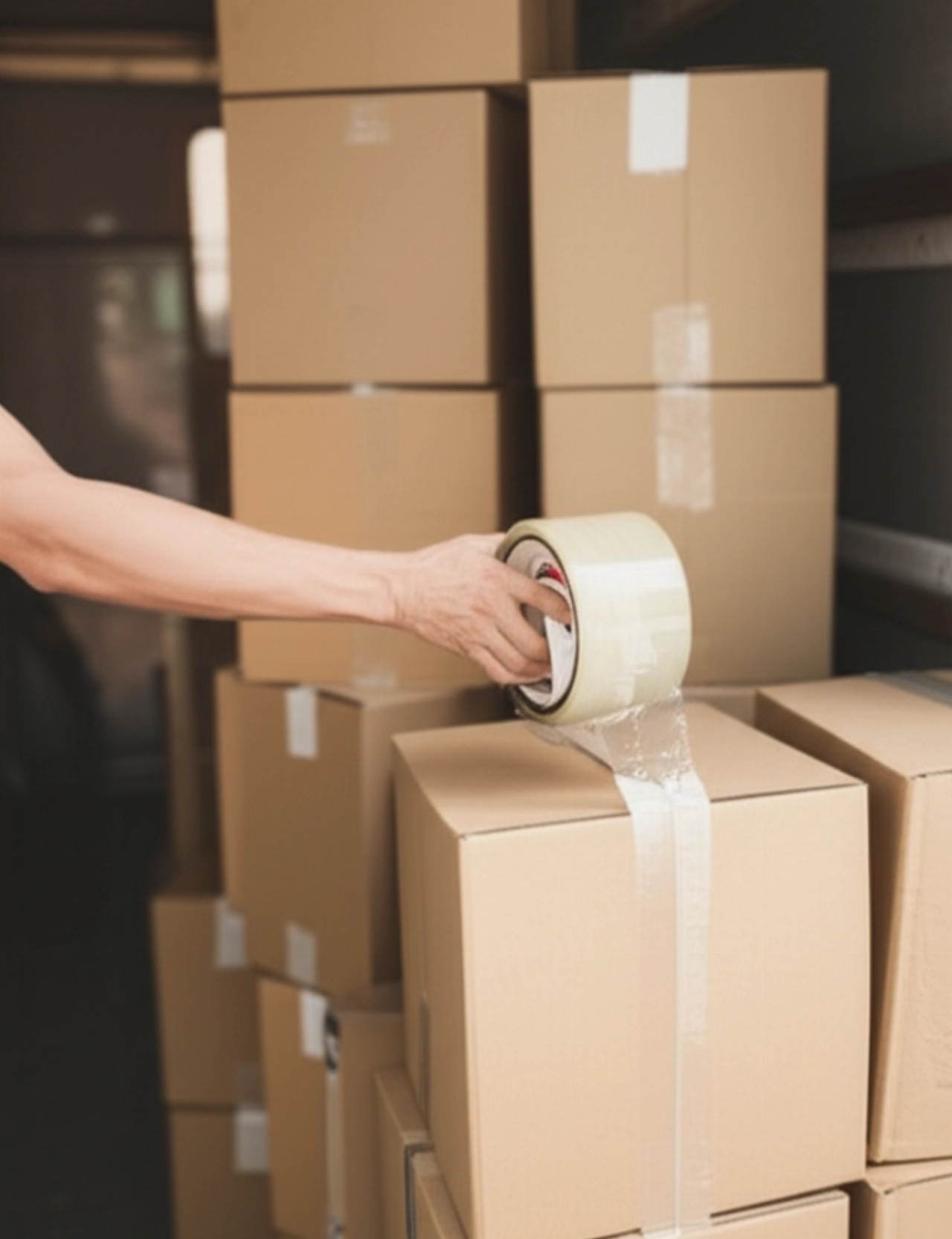 Stacks of neatly piled and labeled moving boxes, with a Caucasian hand applying tape.