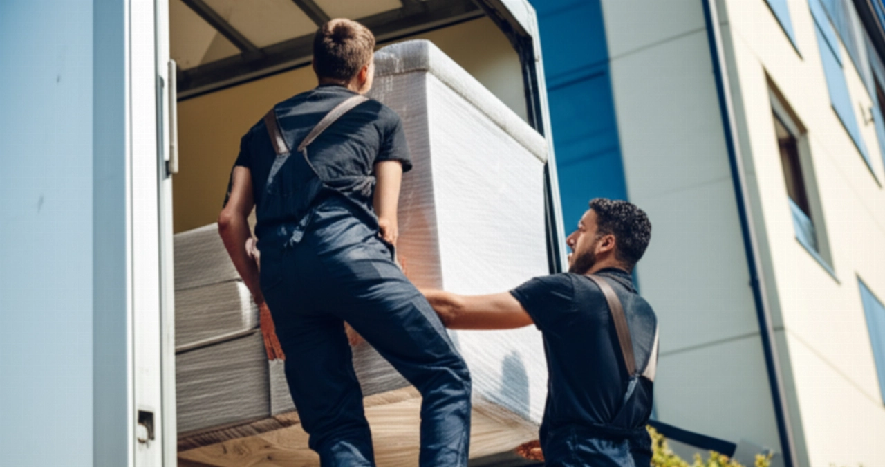 Two professional Caucasian movers load a bulky piece of furniture onto a modern moving truck.