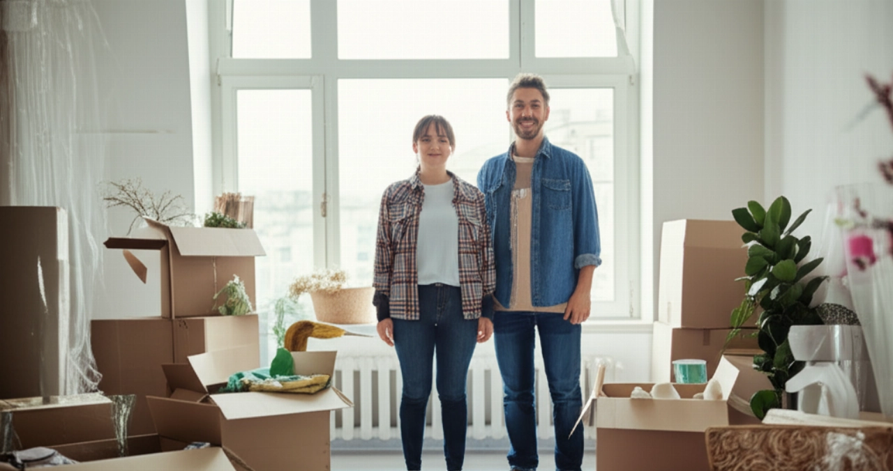 Smiling and relaxed Caucasian couple in their new home, surrounded by partially open moving boxes.