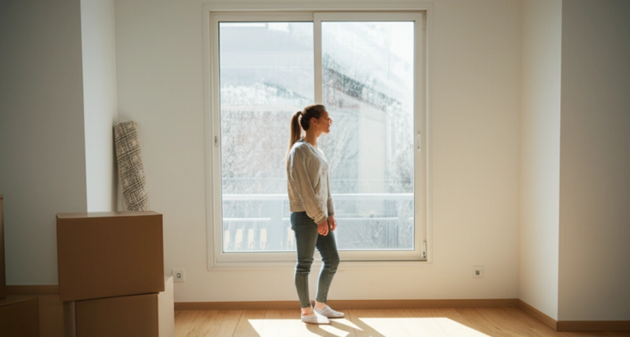 Serene young Caucasian woman in a bright, empty living room of her new home, with moving boxes, reflecting the ease of the relocation.