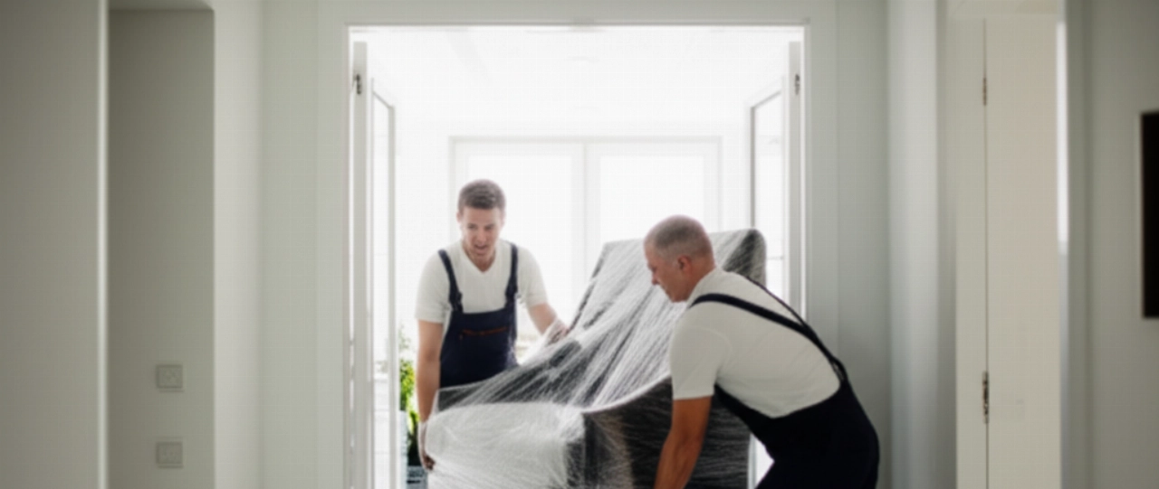 Caucasian professional movers carefully handling a large wrapped piece of furniture in a hallway, highlighting care and efficiency.