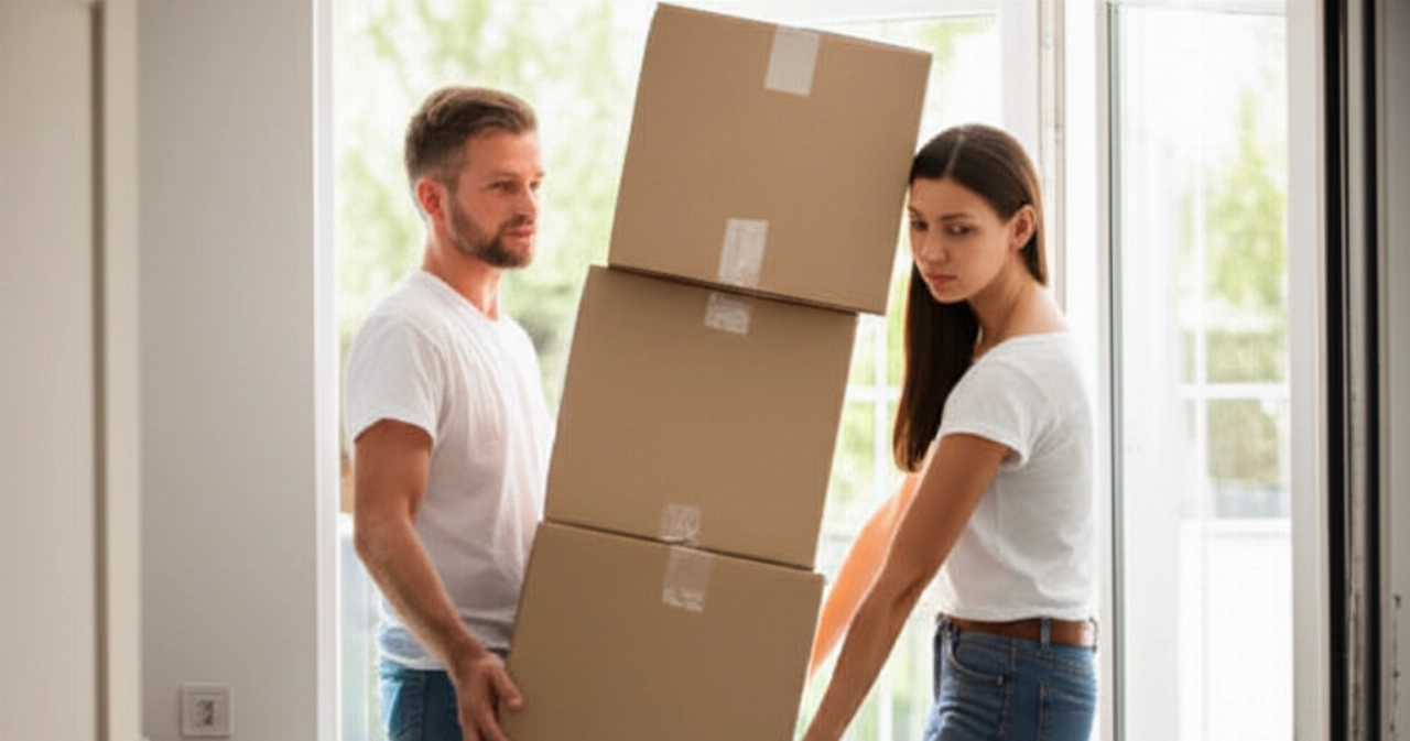 Two Caucasian people carrying a stack of moving boxes through a doorway.