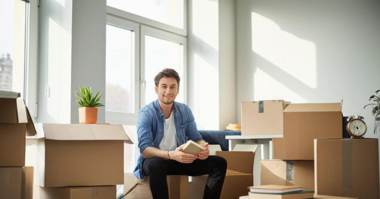 Caucasian man resting while unpacking boxes in a new sunny living room.