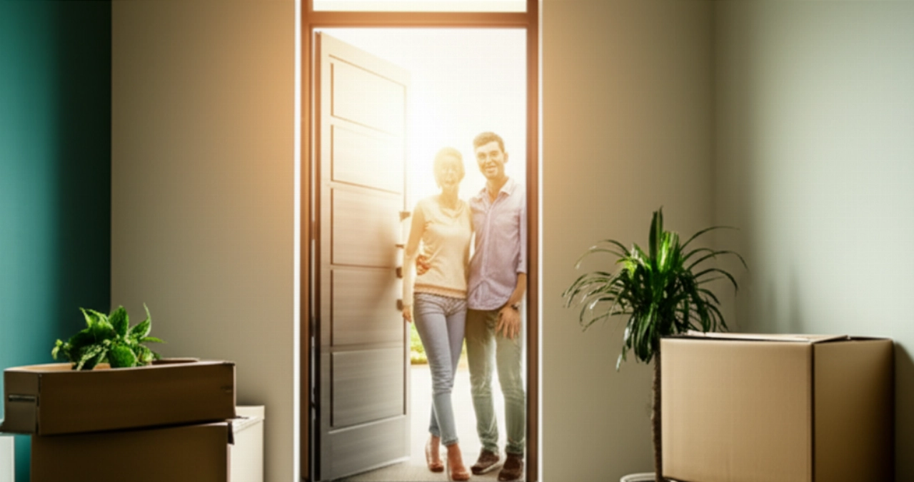 A cozy, sunlit entrance of a new house, with some moving boxes and a smiling Caucasian couple looking forward. The image evokes new beginnings and a smooth transition.