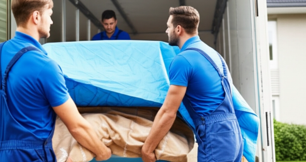 A modern, clean moving truck parked in front of a house, with two professional Caucasian movers carefully securing a piece of furniture. The image highlights precision and reliability.