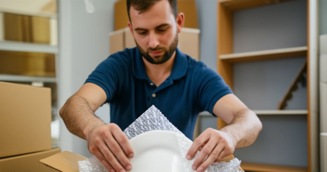 Caucasian man carefully packing a plate into a moving box.