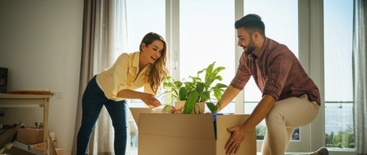 Happy Caucasian couple unpacking a plant in a new bright living room.