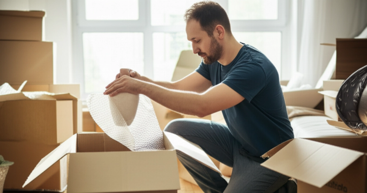 A Caucasian man carefully packs fragile items into a moving box, in a partially packed room.