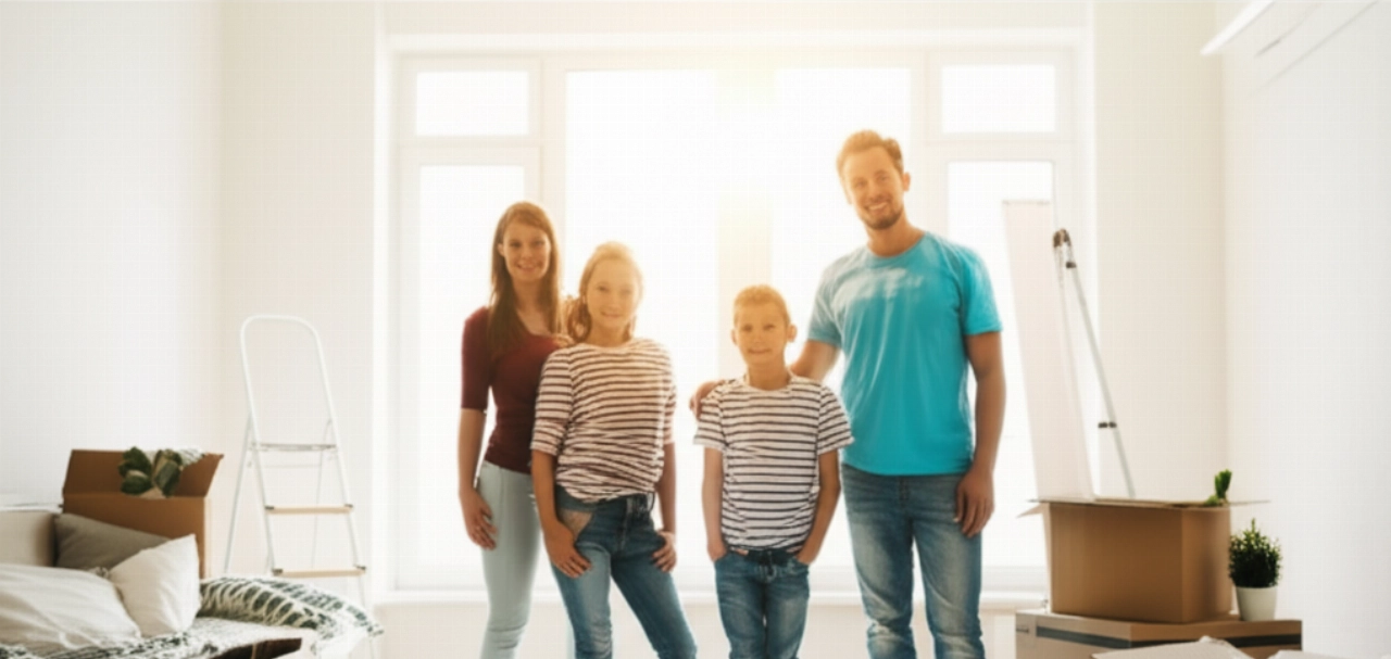 A smiling Caucasian family begins unpacking in the bright living room of their new apartment, surrounded by boxes.