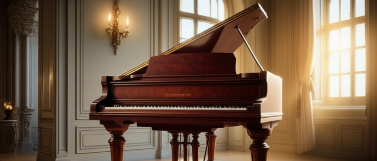 An imposing antique dark mahogany upright piano in a classic living room, highlighting its solid and heavy presence.